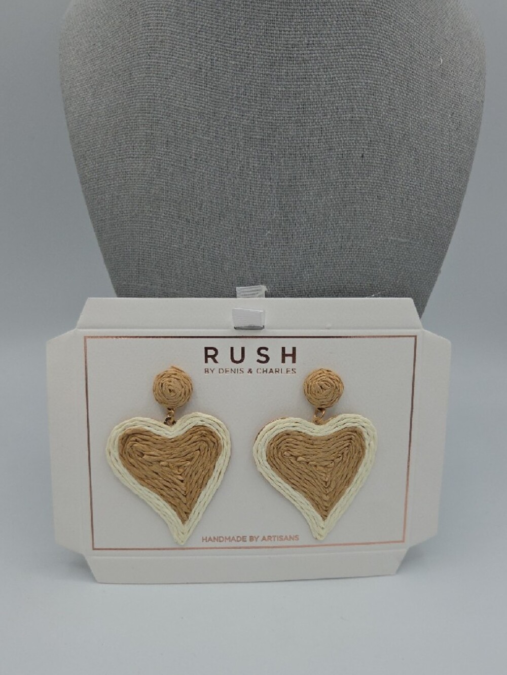 5 for $25! RUSH by Denis & Charles Heart Raffia Drop Earrings — Tan & Cream - Picture 2 of 5
